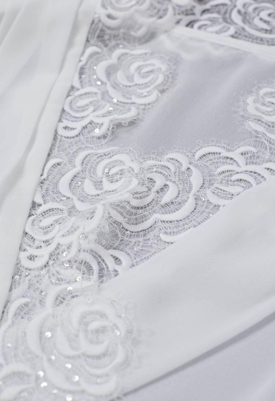 Sequin Rose Lace Pad Shoulder Sheer Chiffon Shirt in White