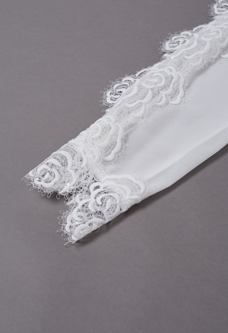 Sequin Rose Lace Pad Shoulder Sheer Chiffon Shirt in White