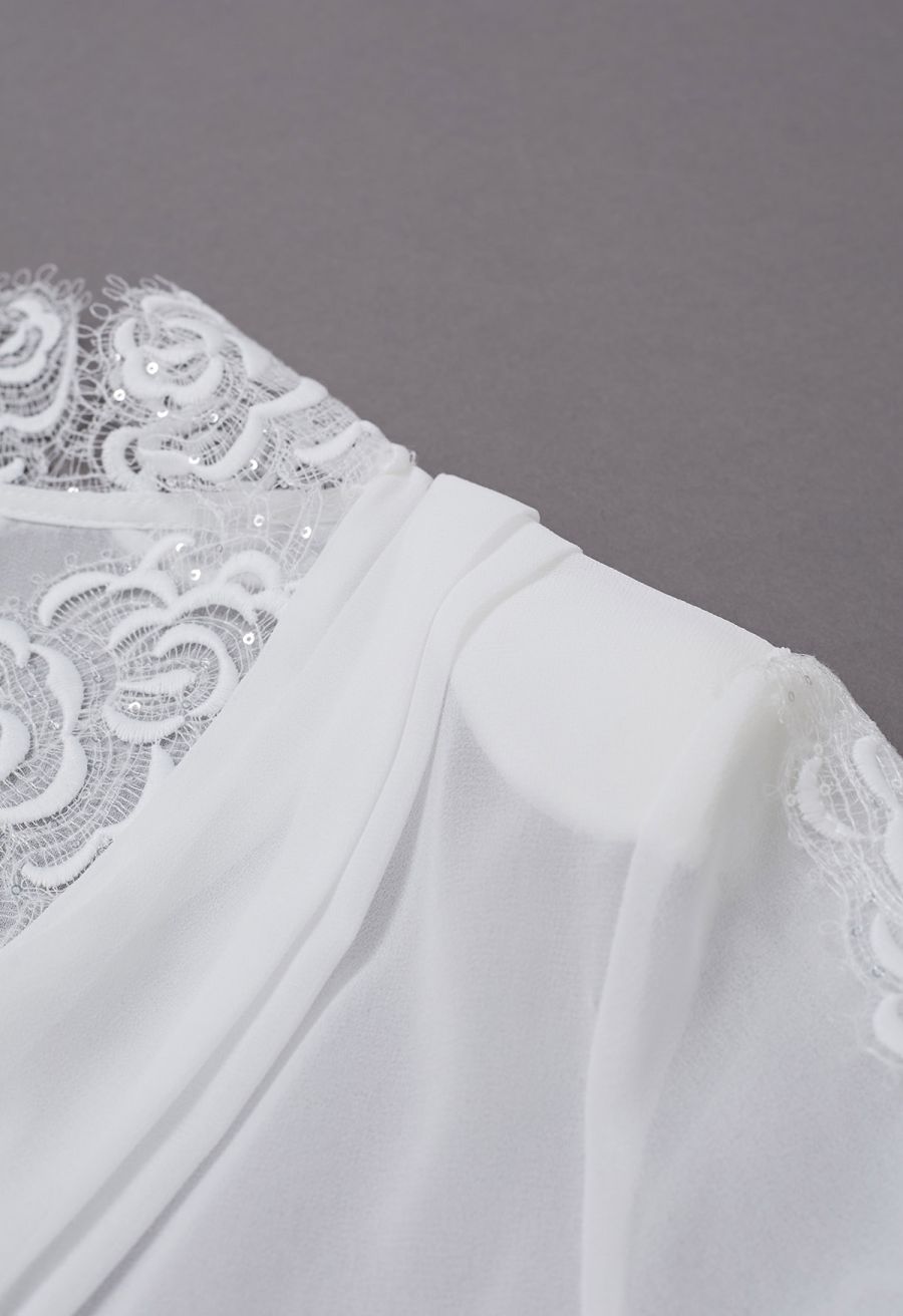 Sequin Rose Lace Pad Shoulder Sheer Chiffon Shirt in White