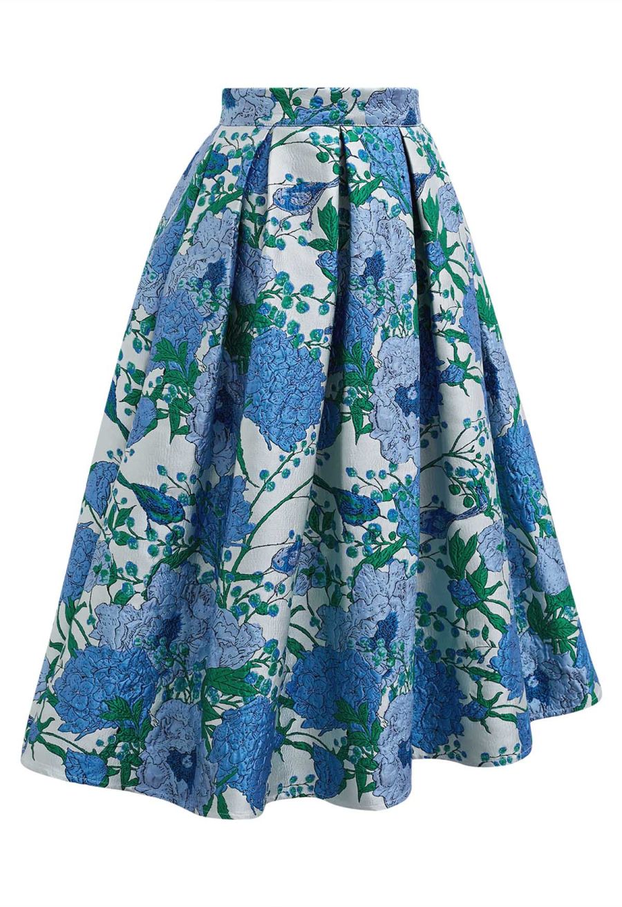 Blue Hues Floral Embossed Jacquard Pleated A-line Midi Skirt