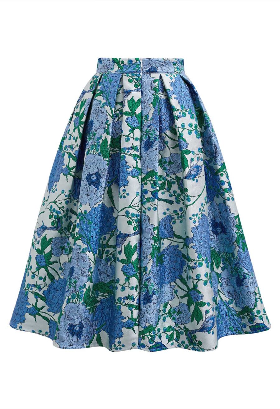 Blue Hues Floral Embossed Jacquard Pleated A-line Midi Skirt