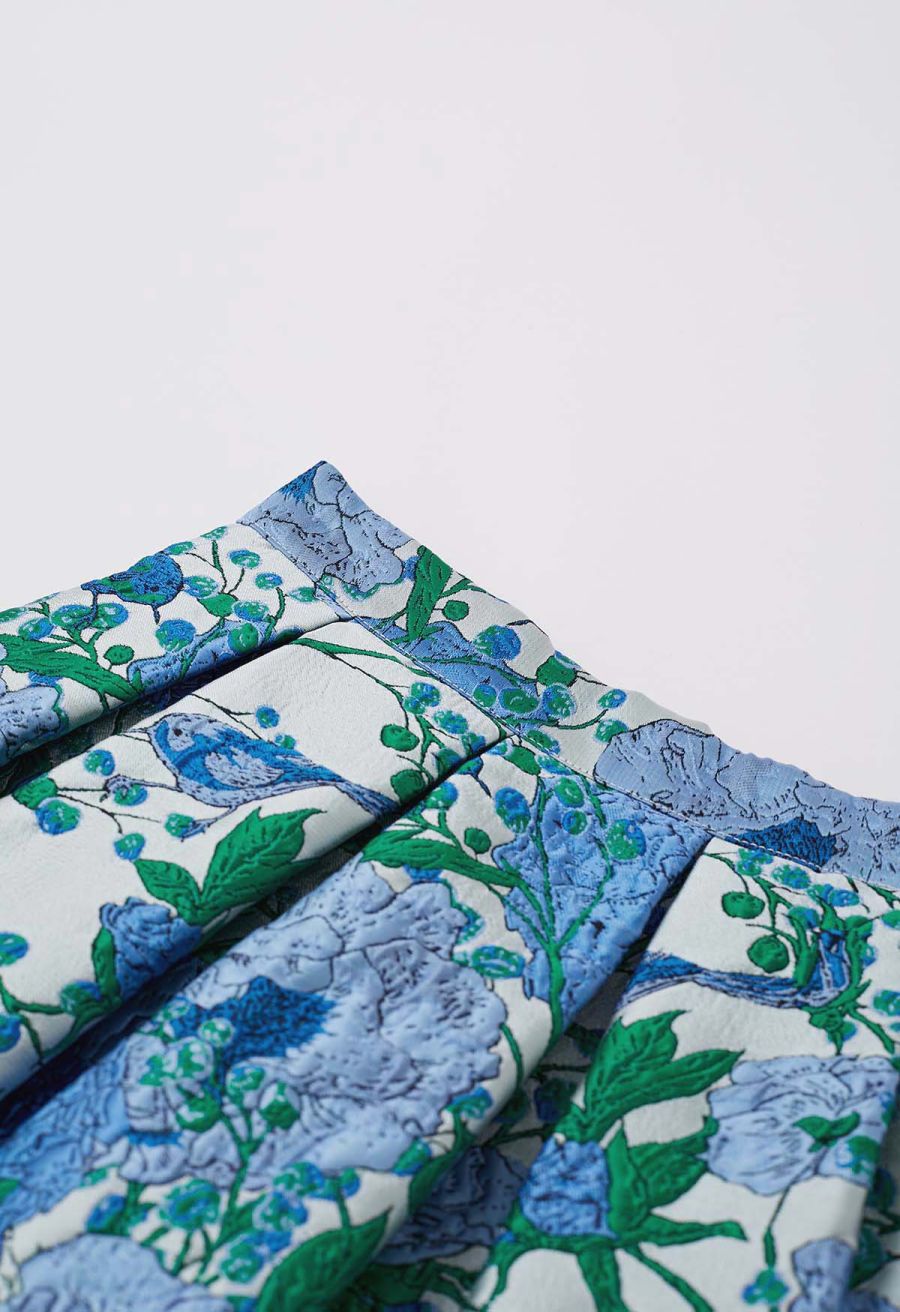 Blue Hues Floral Embossed Jacquard Pleated A-line Midi Skirt