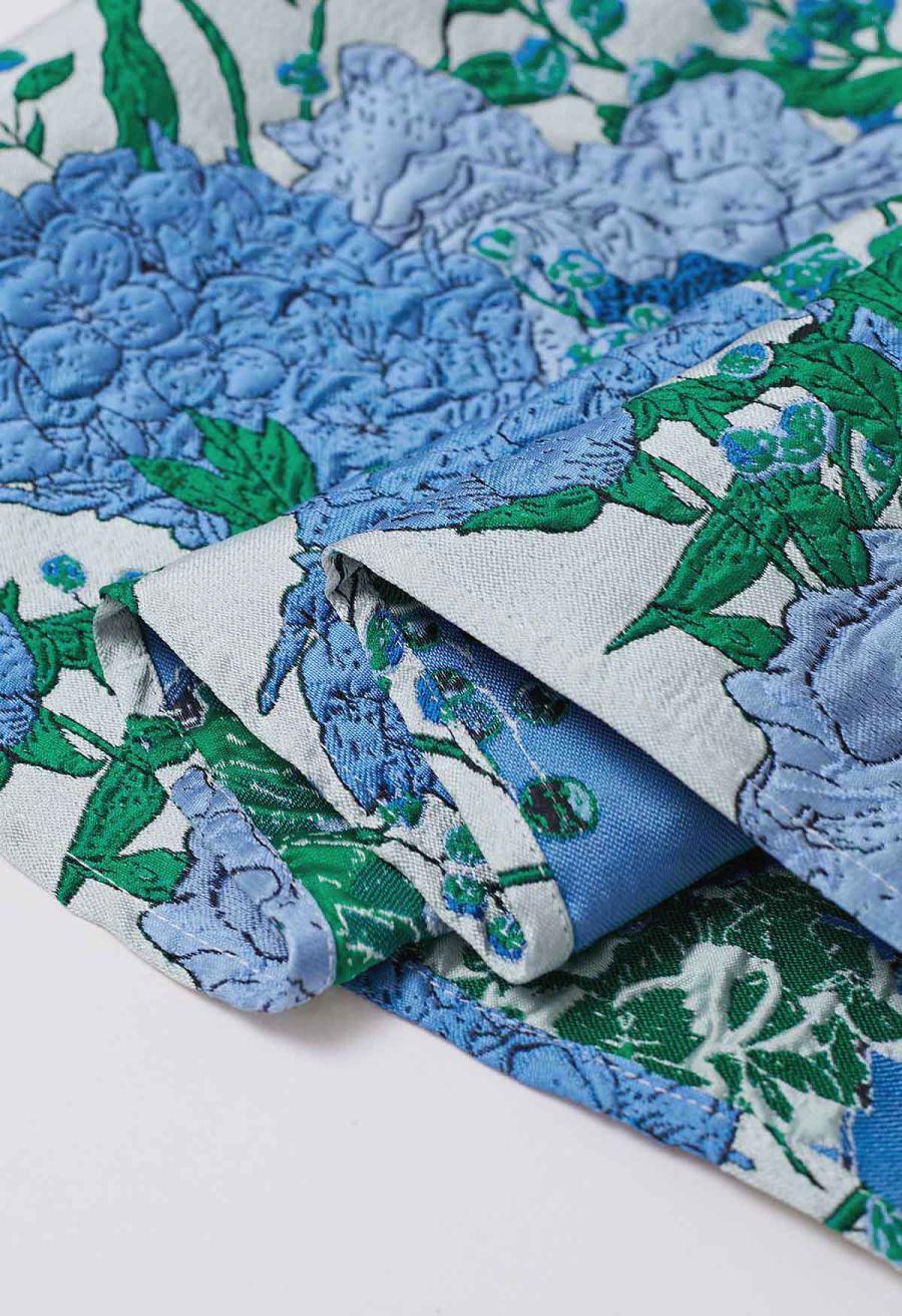 Blue Hues Floral Embossed Jacquard Pleated A-line Midi Skirt