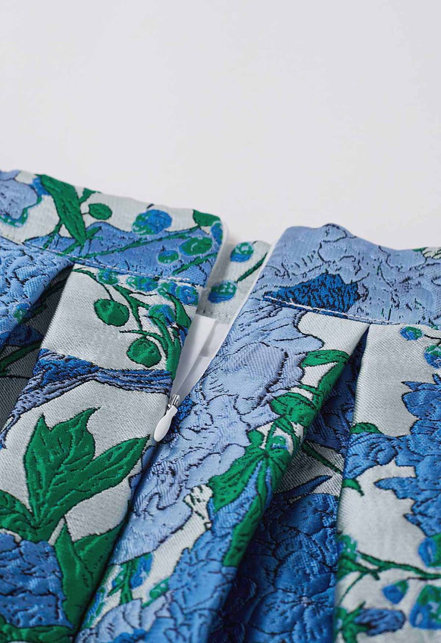 Blue Hues Floral Embossed Jacquard Pleated A-line Midi Skirt