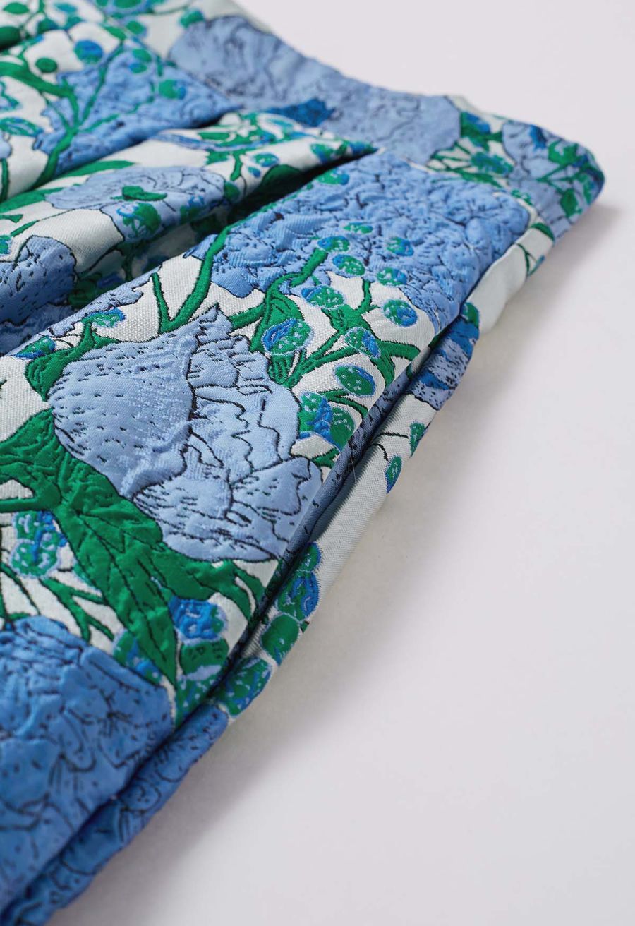 Blue Hues Floral Embossed Jacquard Pleated A-line Midi Skirt