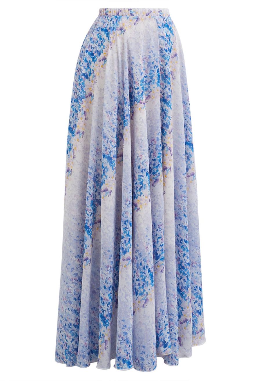 Watercolor Blue Floral Chiffon Maxi Skirt