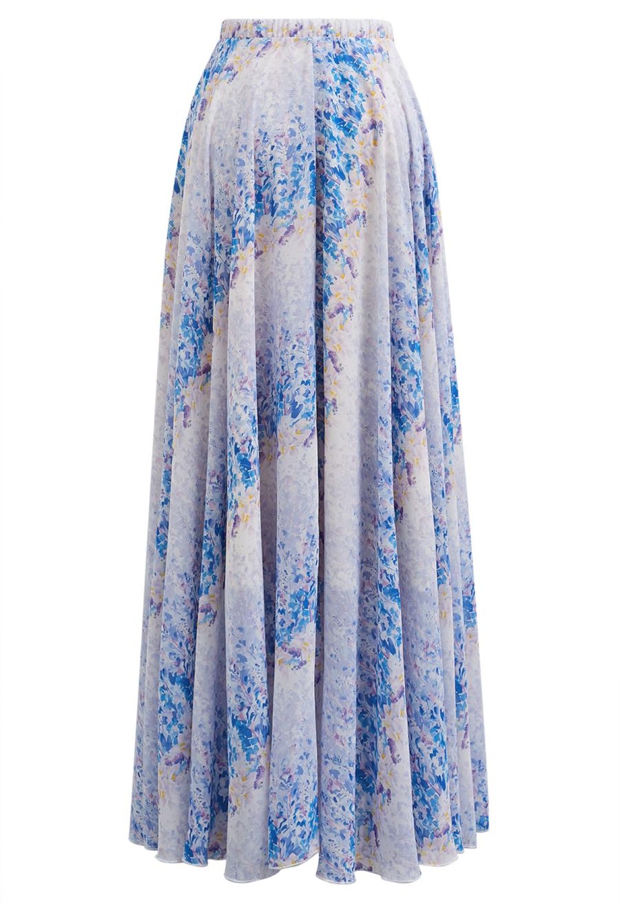 Watercolor Blue Floral Chiffon Maxi Skirt
