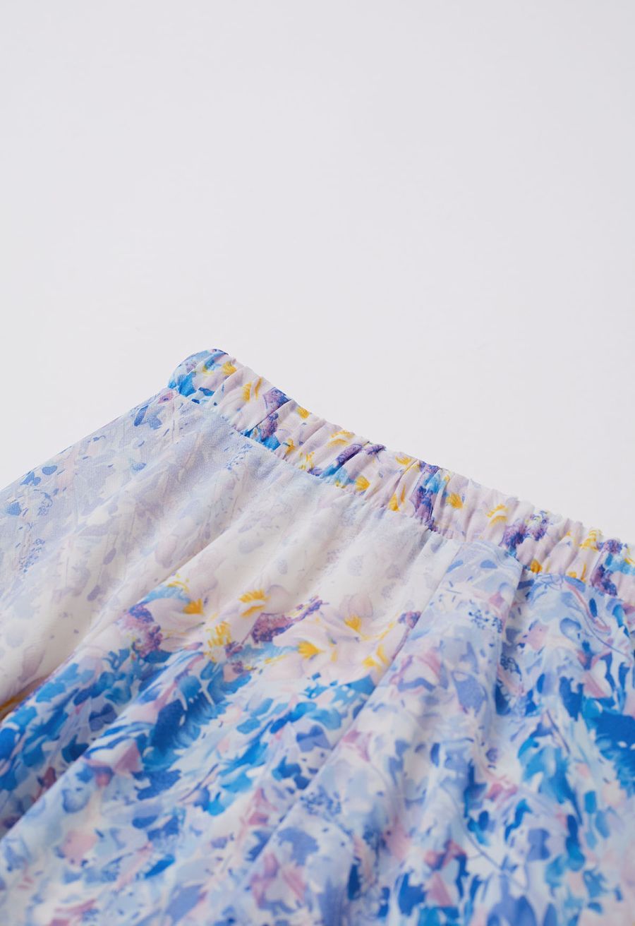 Watercolor Blue Floral Chiffon Maxi Skirt