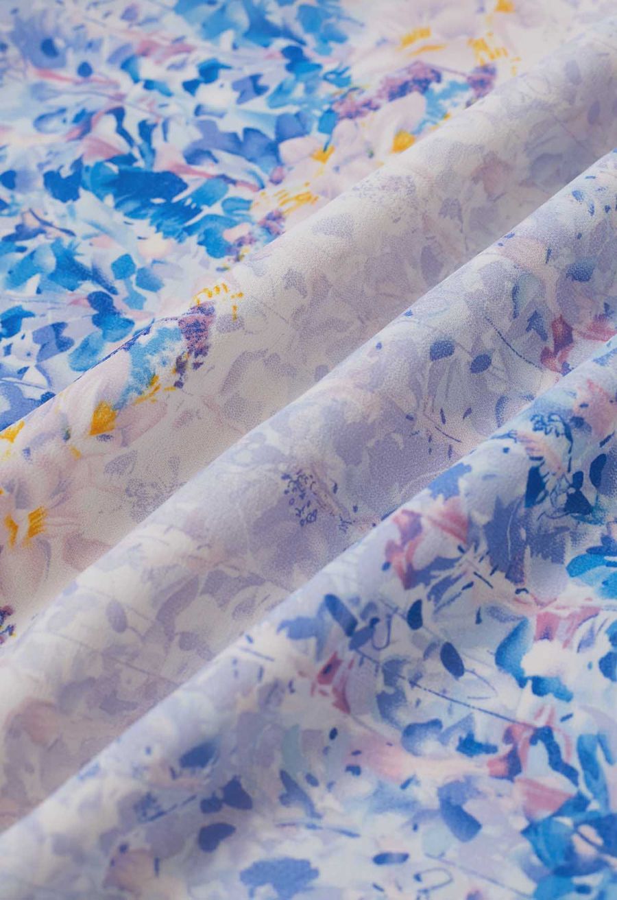 Watercolor Blue Floral Chiffon Maxi Skirt