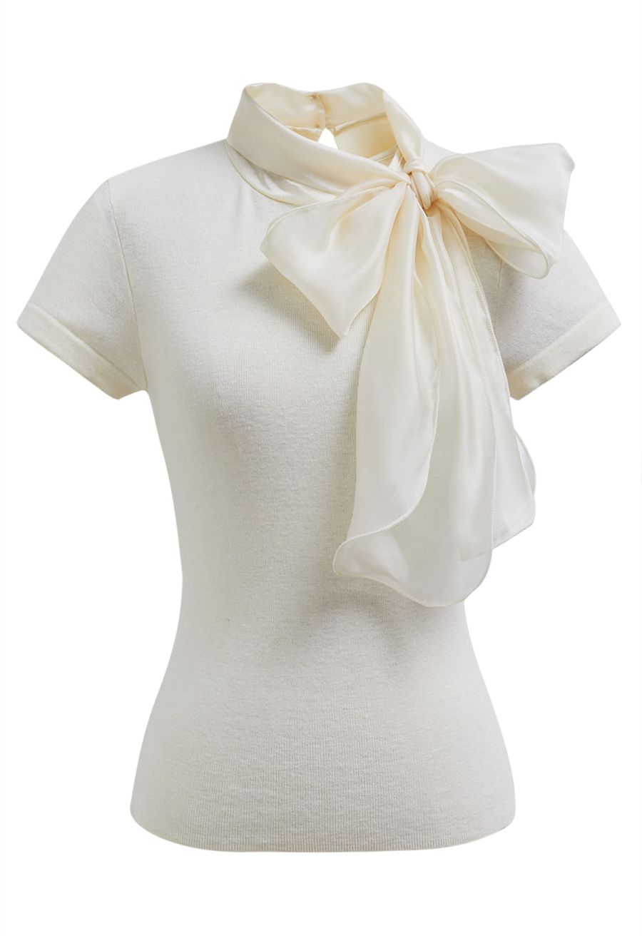 Organza Self-Tie Bowknot Short Sleeves Knit Top in Cream