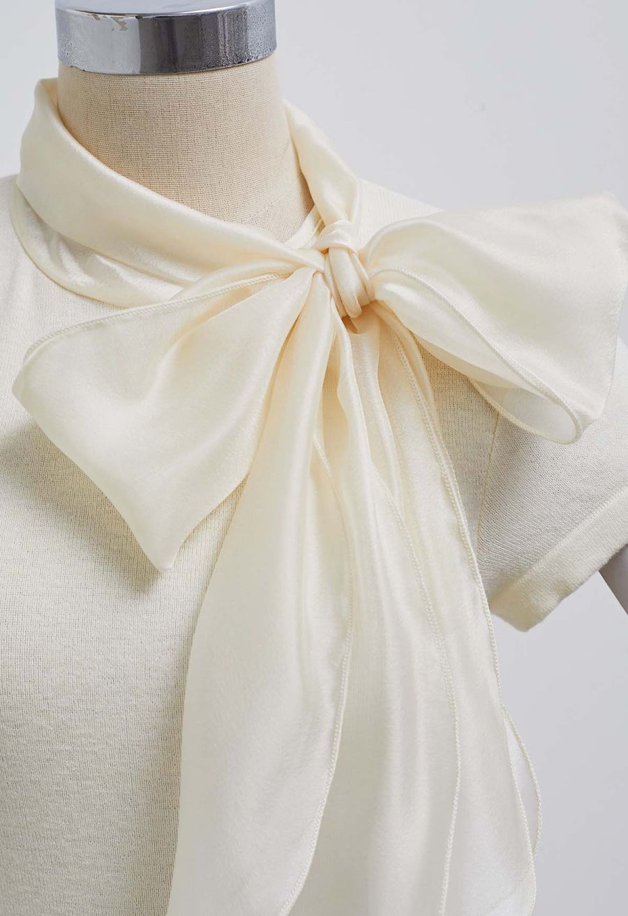 Organza Self-Tie Bowknot Short Sleeves Knit Top in Cream