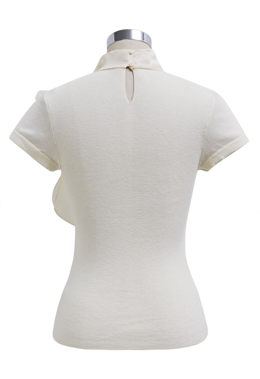 Organza Self-Tie Bowknot Short Sleeves Knit Top in Cream