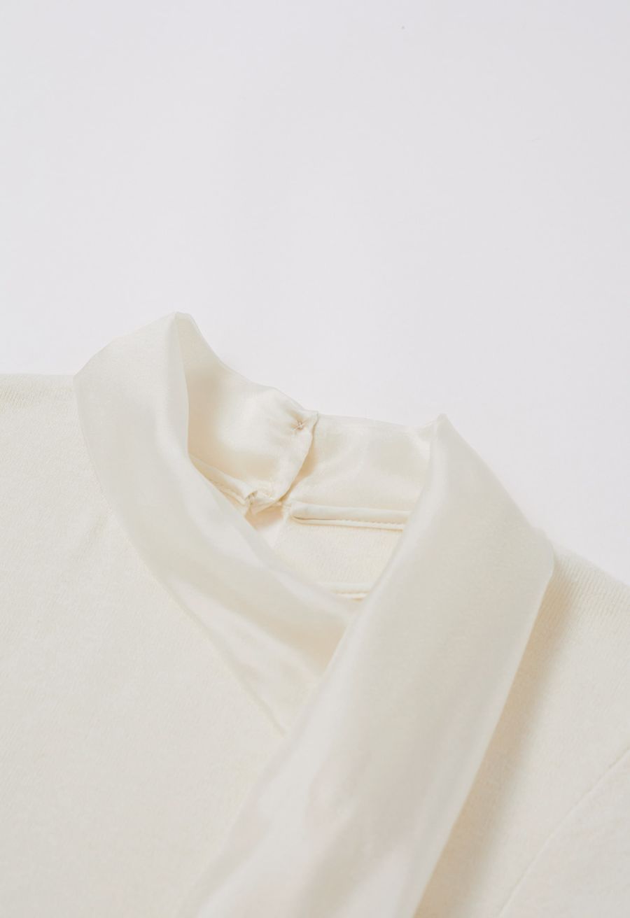 Organza Self-Tie Bowknot Short Sleeves Knit Top in Cream