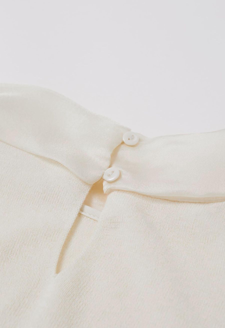 Organza Self-Tie Bowknot Short Sleeves Knit Top in Cream