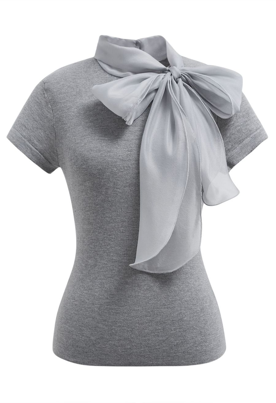Organza Self-Tie Bowknot Short Sleeves Knit Top in Grey