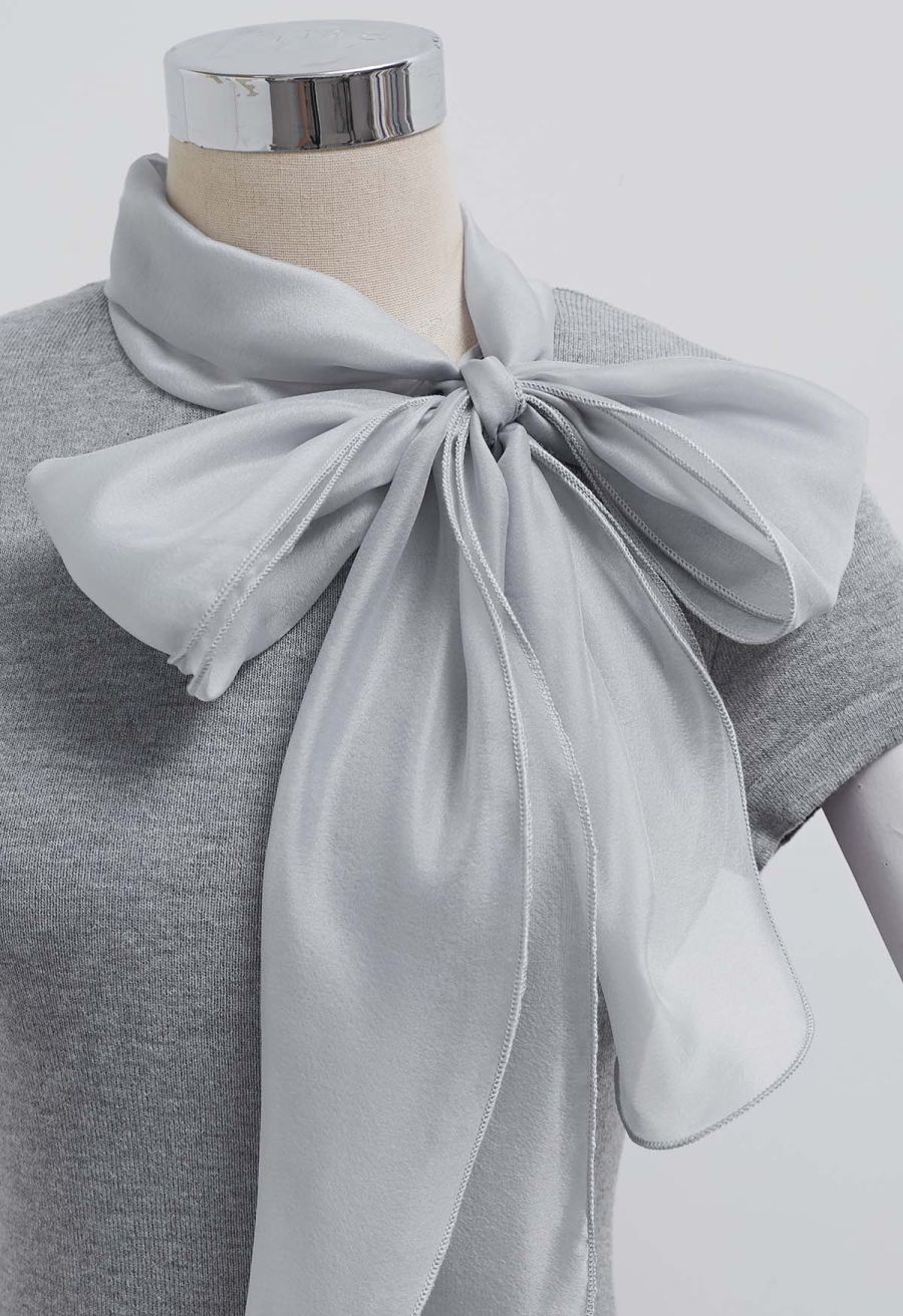 Organza Self-Tie Bowknot Short Sleeves Knit Top in Grey