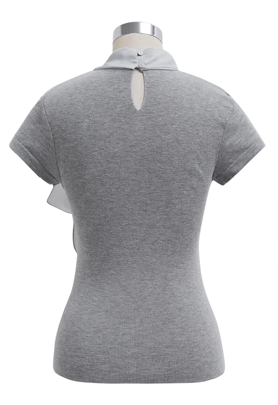 Organza Self-Tie Bowknot Short Sleeves Knit Top in Grey