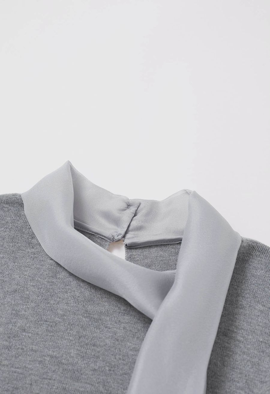 Organza Self-Tie Bowknot Short Sleeves Knit Top in Grey