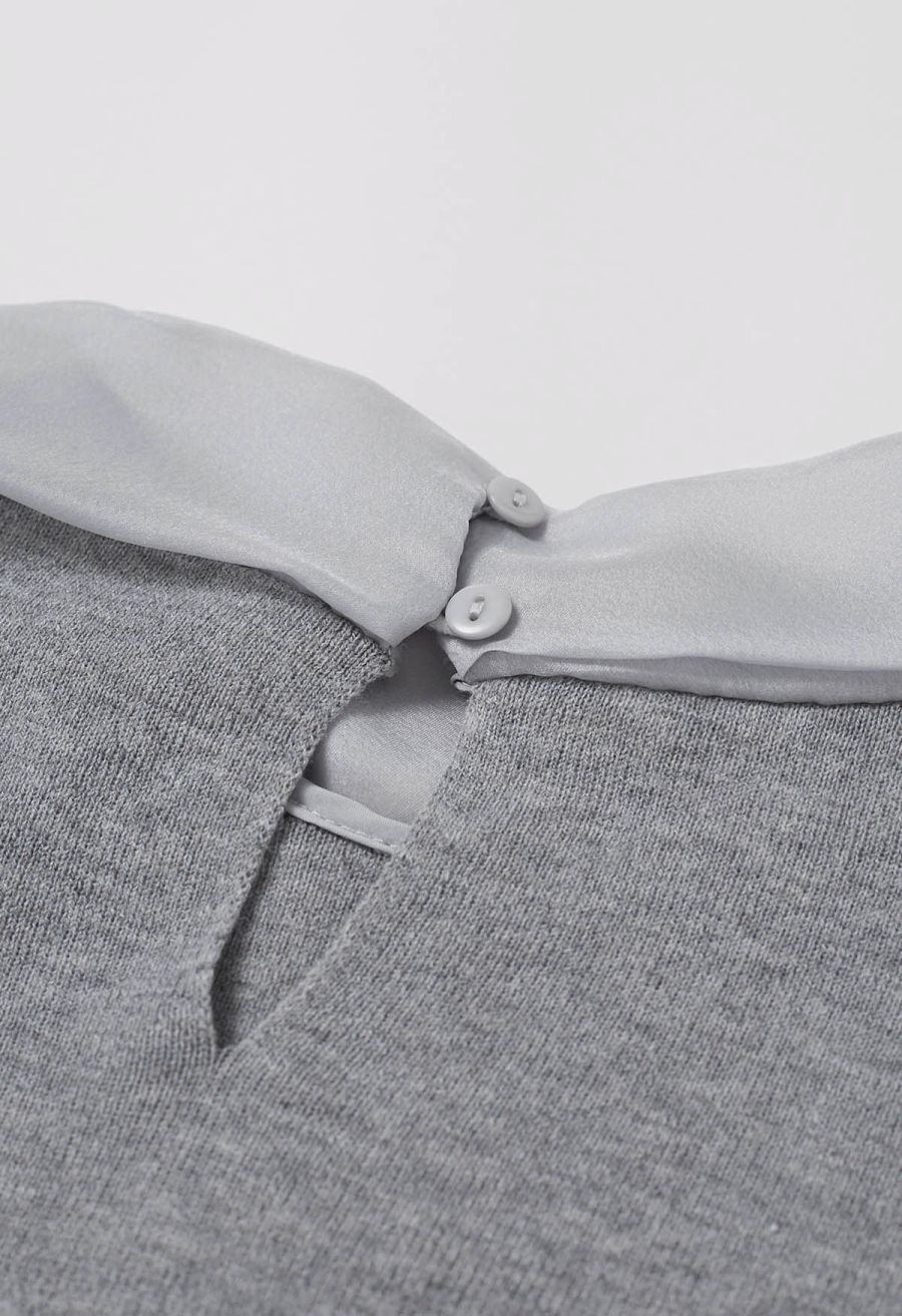 Organza Self-Tie Bowknot Short Sleeves Knit Top in Grey