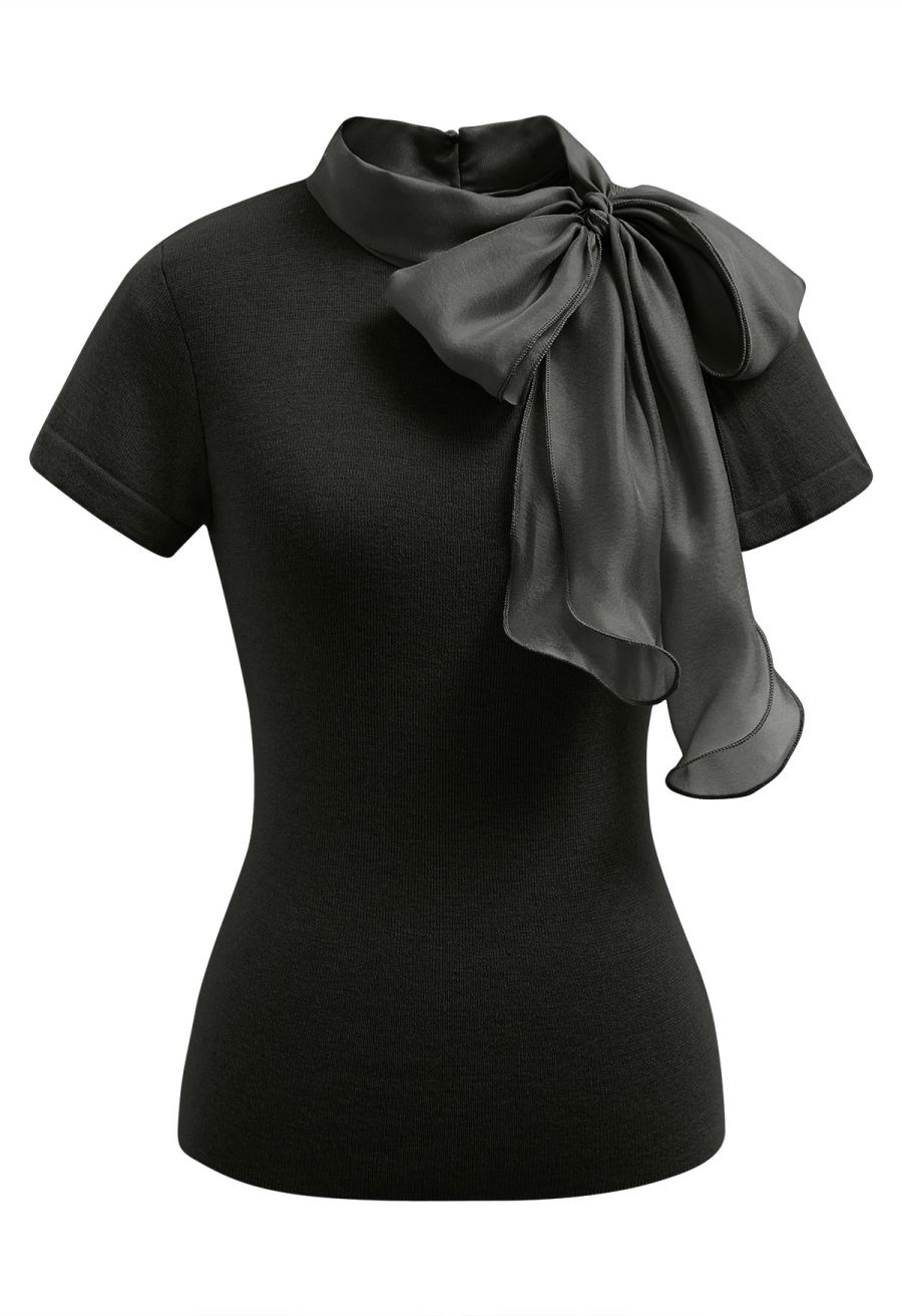 Organza Self-Tie Bowknot Short Sleeves Knit Top in Black