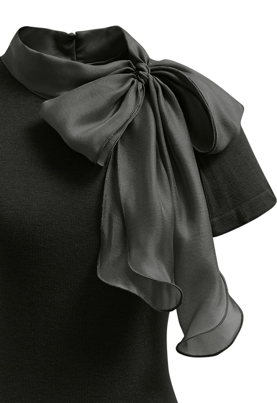 Organza Self-Tie Bowknot Short Sleeves Knit Top in Black