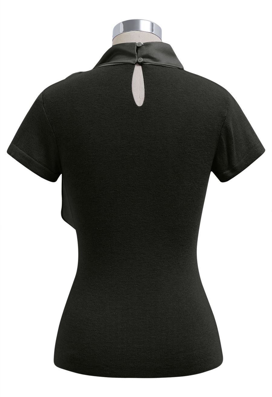 Organza Self-Tie Bowknot Short Sleeves Knit Top in Black