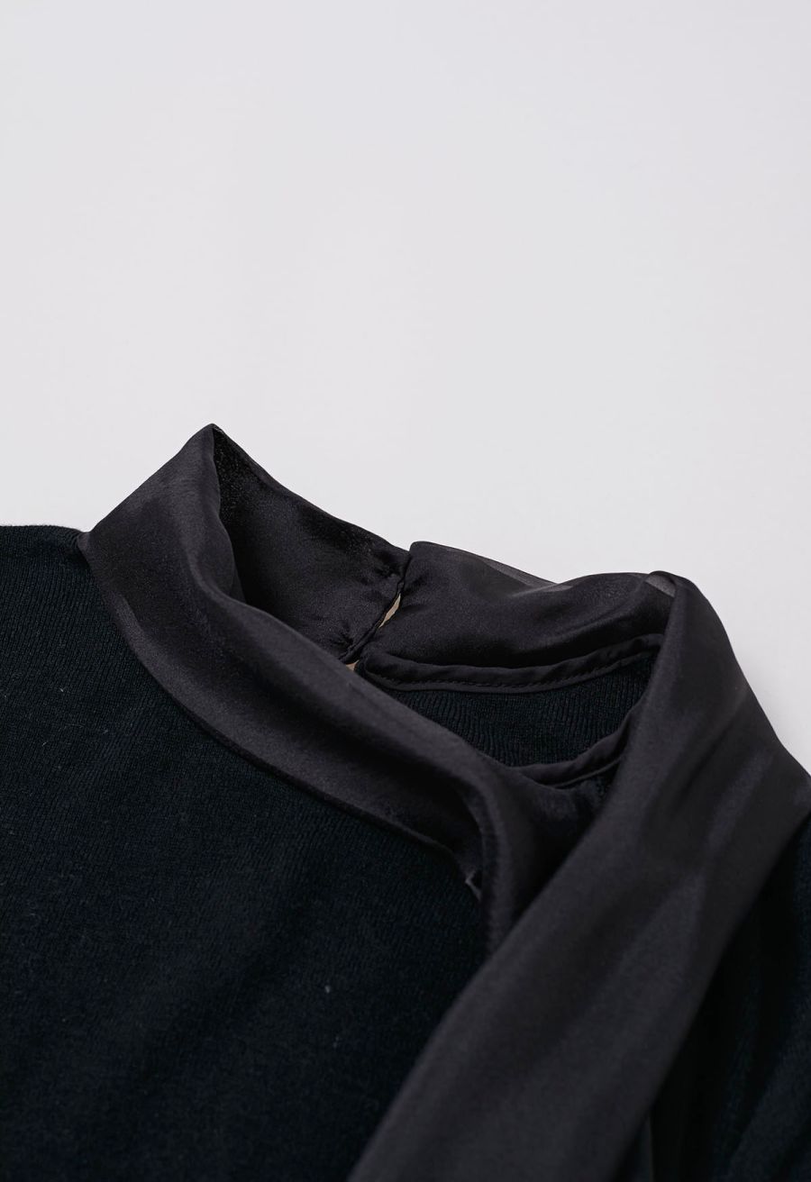 Organza Self-Tie Bowknot Short Sleeves Knit Top in Black