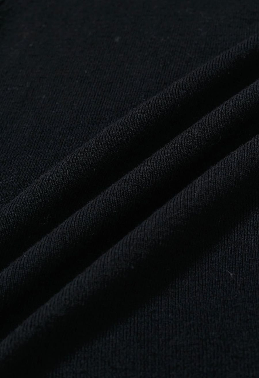 Organza Self-Tie Bowknot Short Sleeves Knit Top in Black