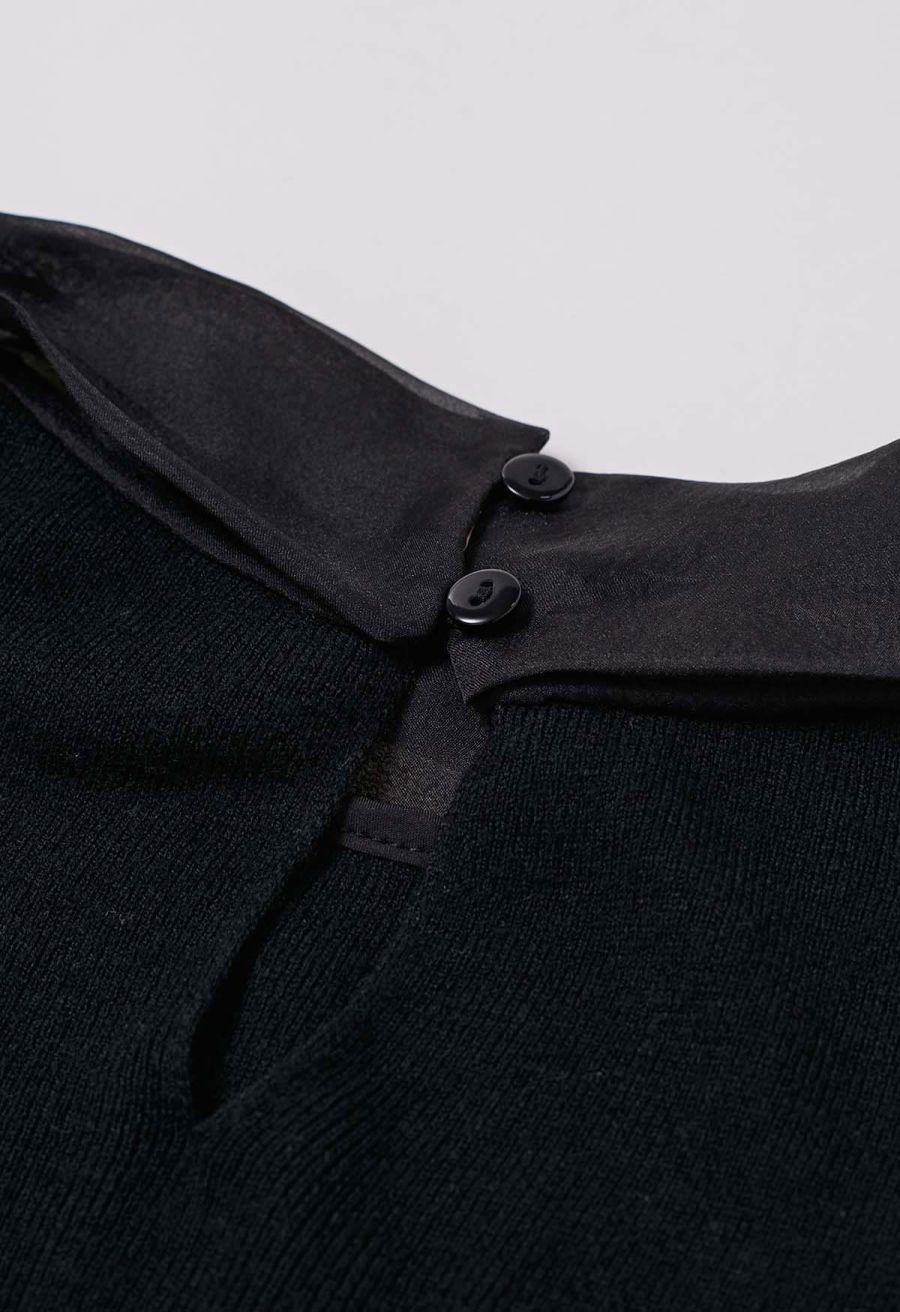 Organza Self-Tie Bowknot Short Sleeves Knit Top in Black