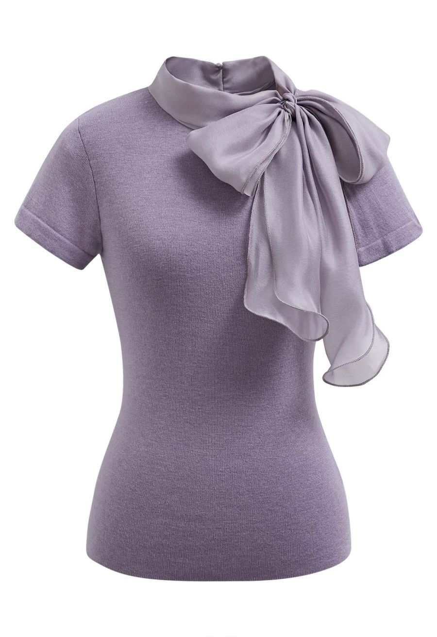Organza Self-Tie Bowknot Short Sleeves Knit Top in Lavender