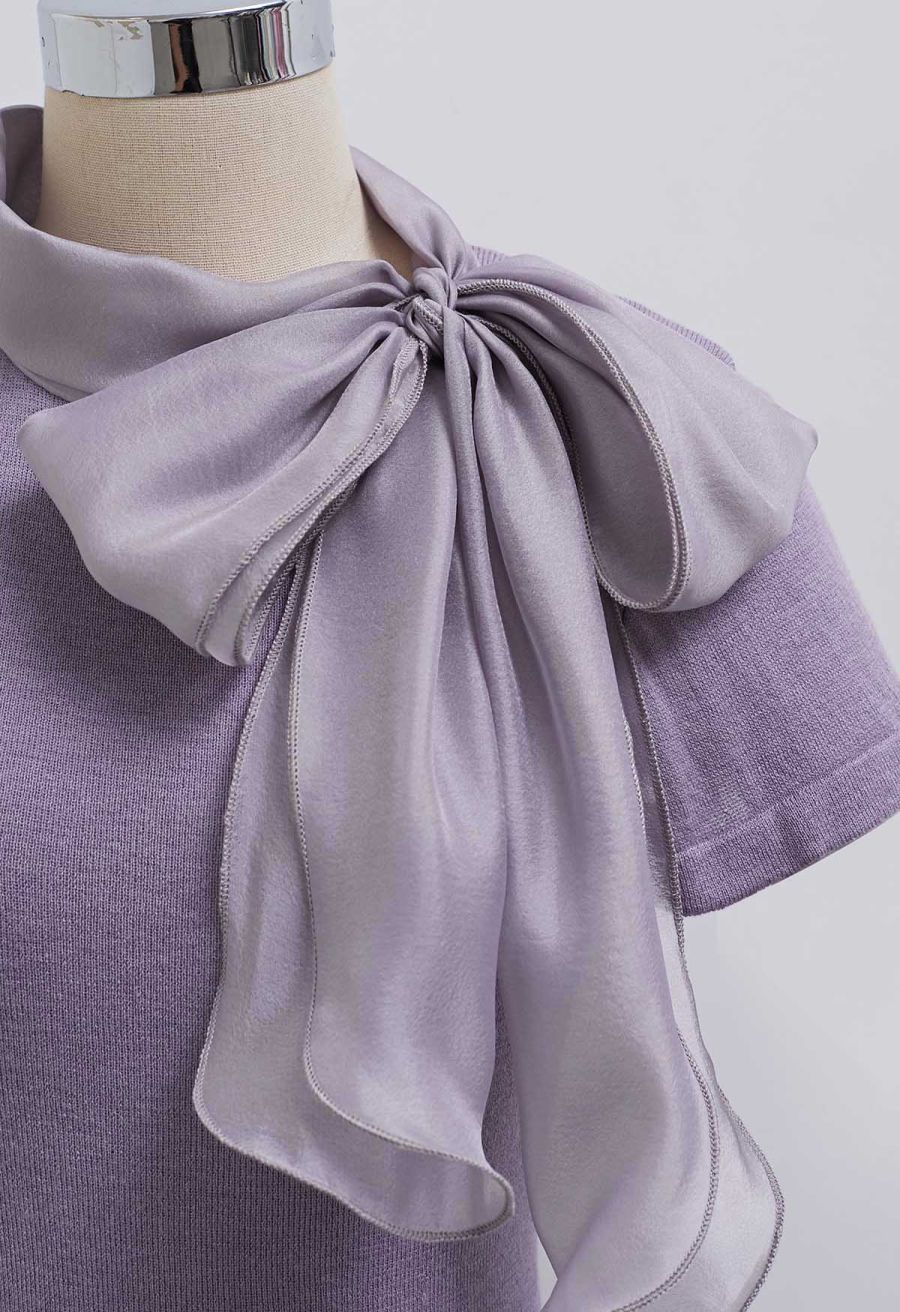Organza Self-Tie Bowknot Short Sleeves Knit Top in Lavender