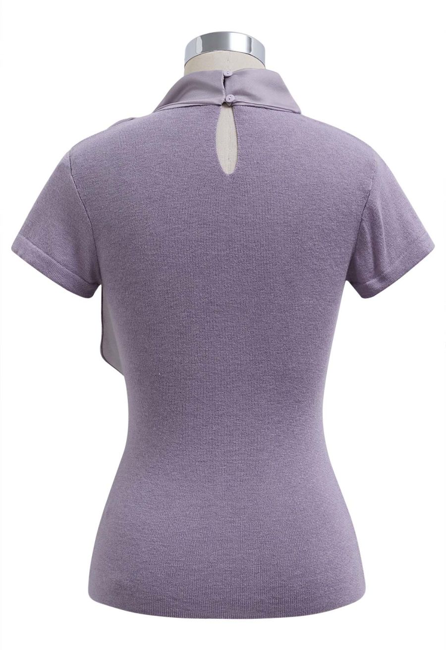 Organza Self-Tie Bowknot Short Sleeves Knit Top in Lavender