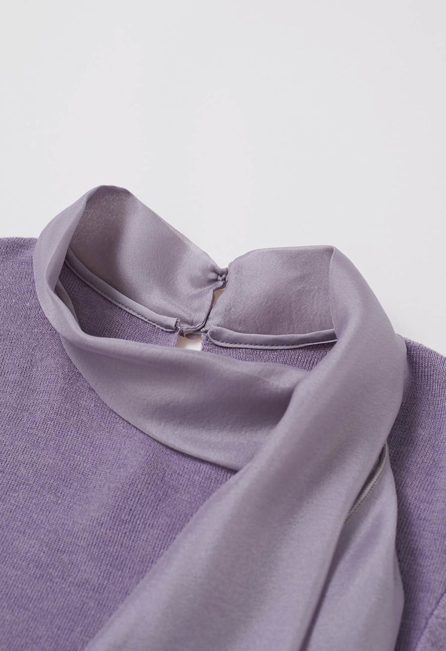 Organza Self-Tie Bowknot Short Sleeves Knit Top in Lavender