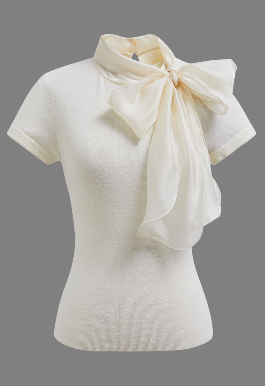 Organza Self-Tie Bowknot Short Sleeves Knit Top in Cream