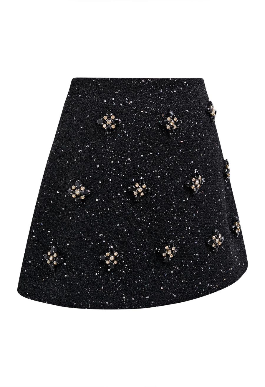 Geometric Rhinestones Embellished Tweed Skorts in Black