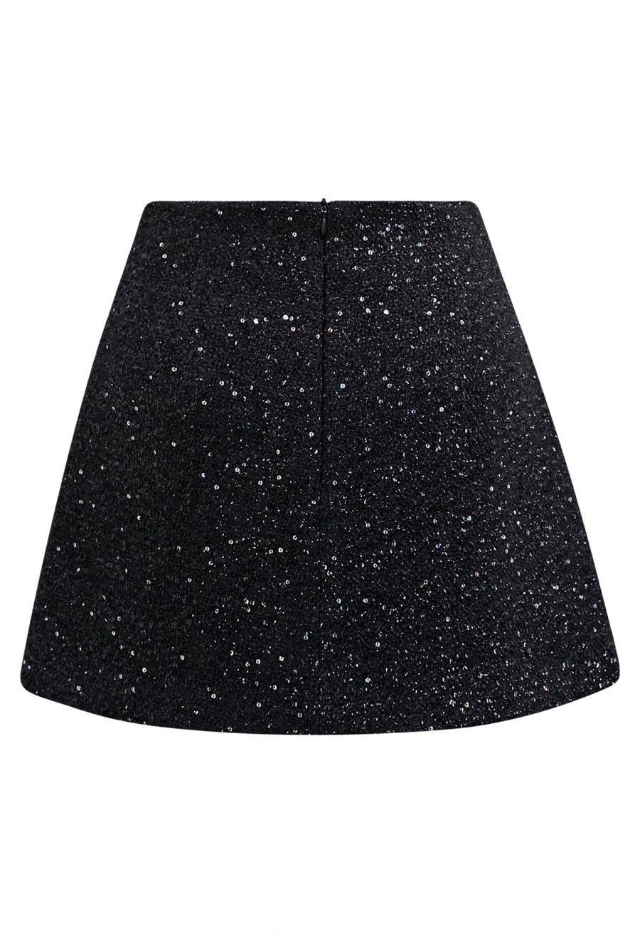 Geometric Rhinestones Embellished Tweed Skorts in Black