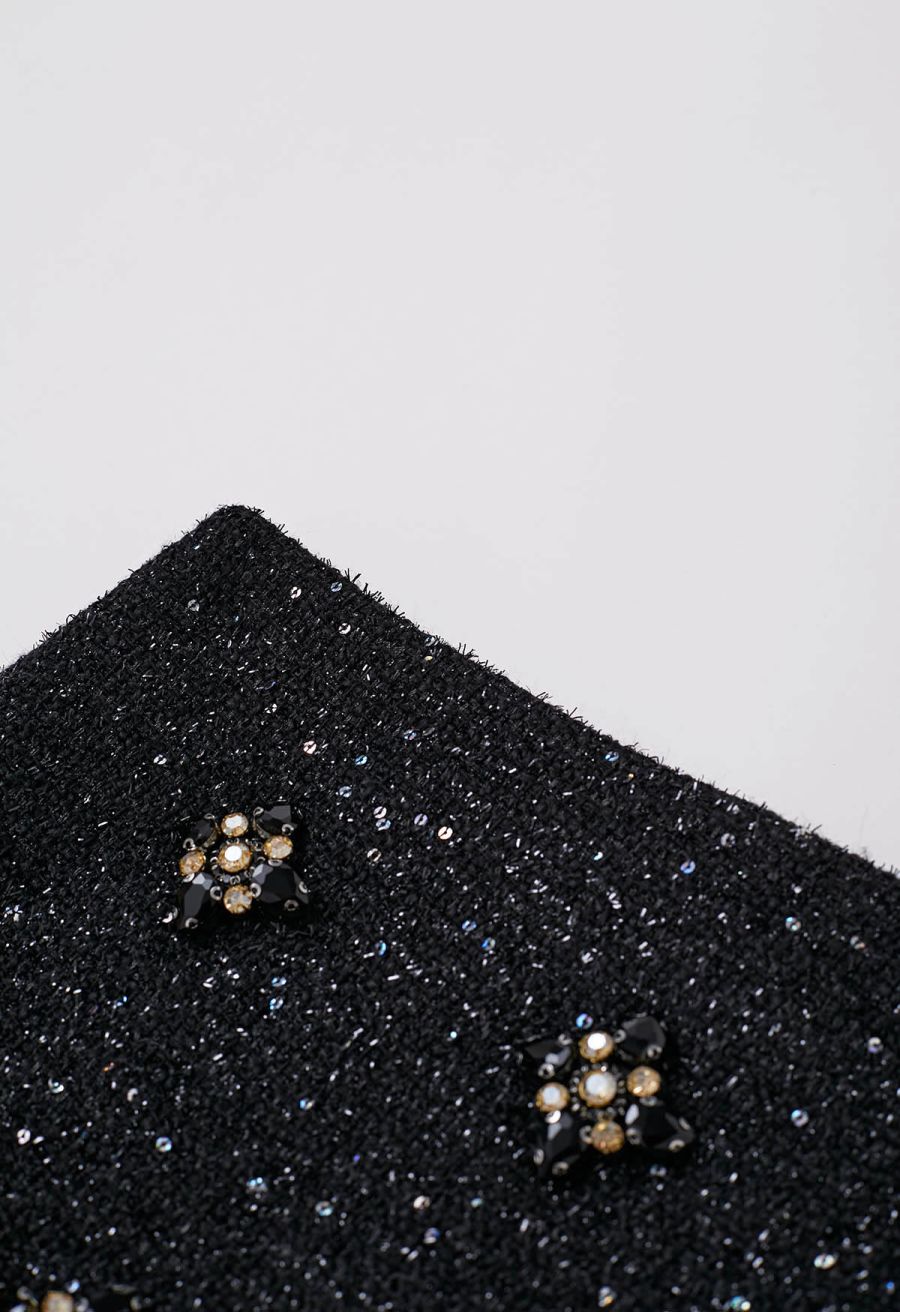 Geometric Rhinestones Embellished Tweed Skorts in Black
