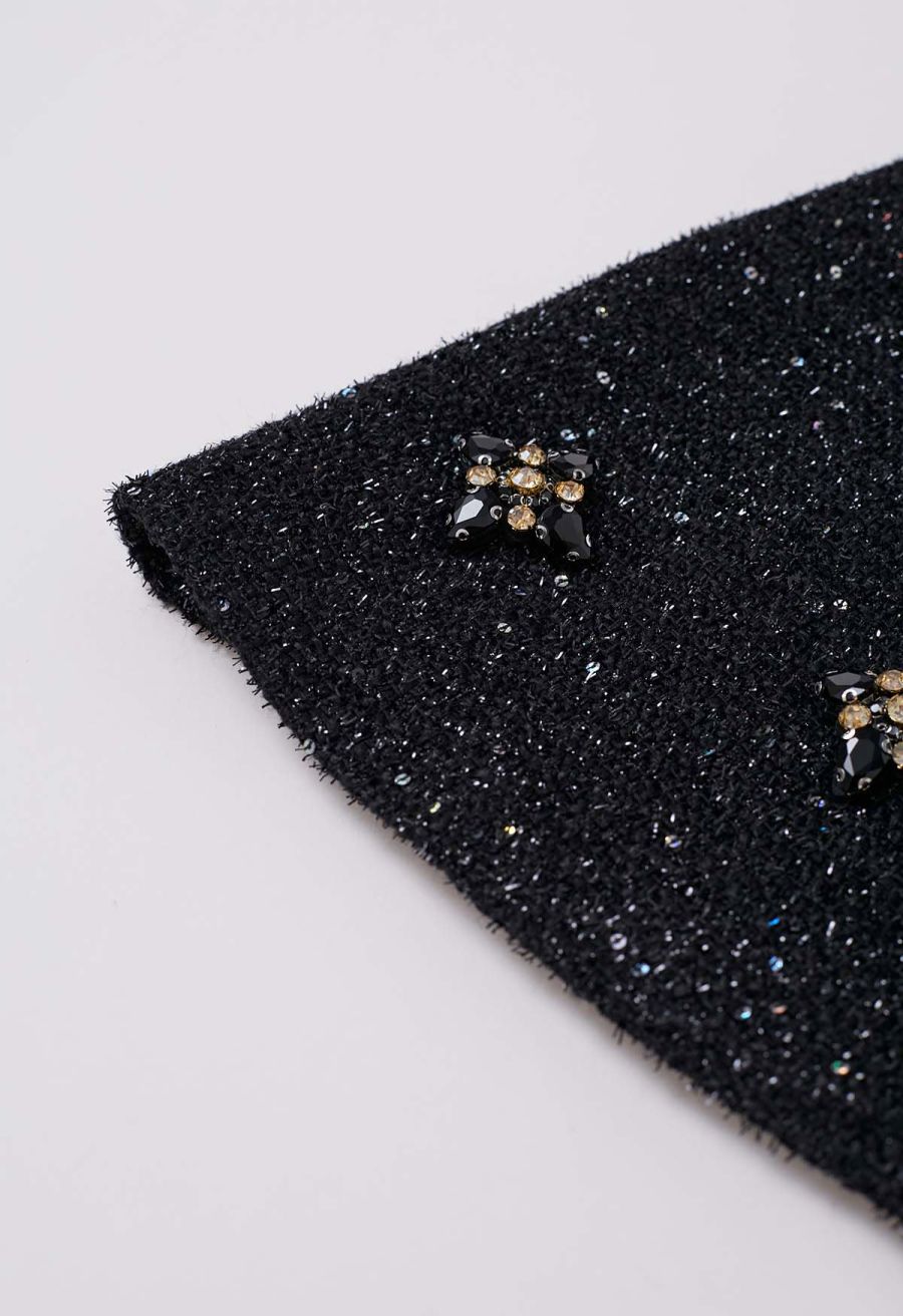 Geometric Rhinestones Embellished Tweed Skorts in Black