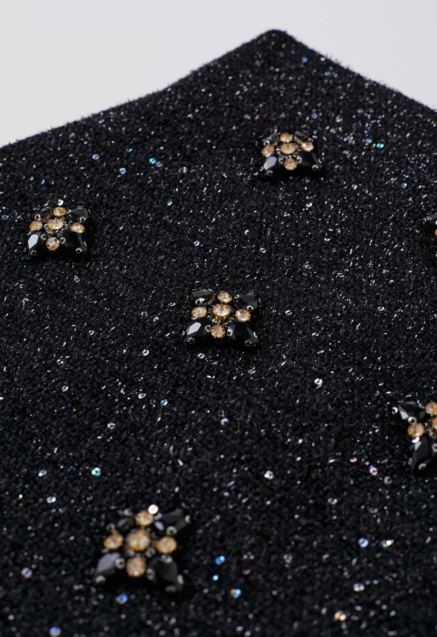 Geometric Rhinestones Embellished Tweed Skorts in Black