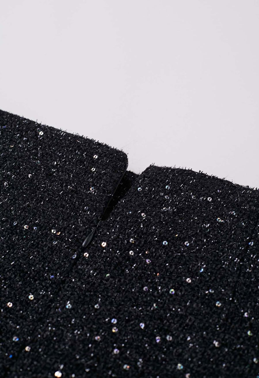 Geometric Rhinestones Embellished Tweed Skorts in Black