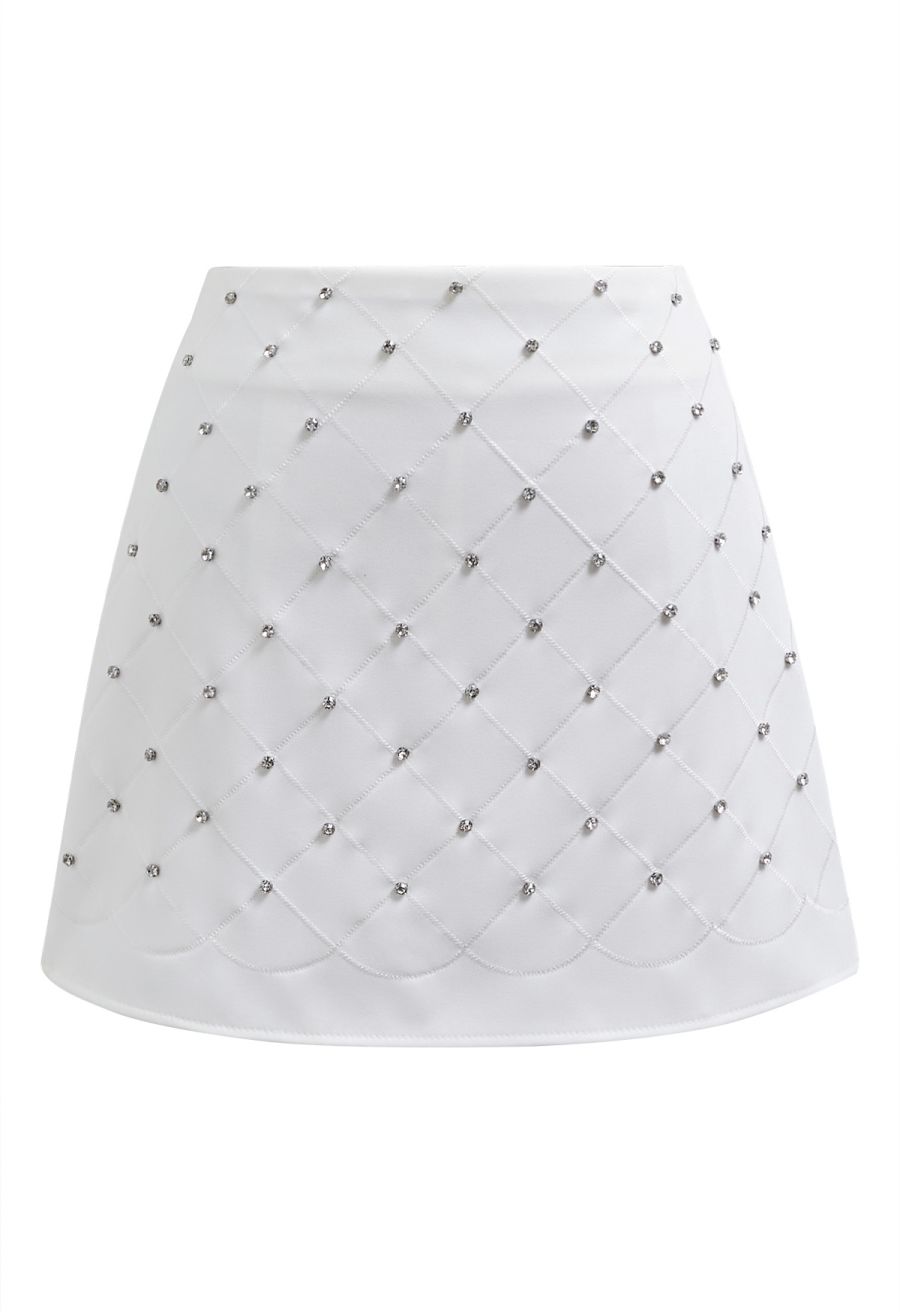 Rhinestone Decor Grid Mini Bud Skirt in White