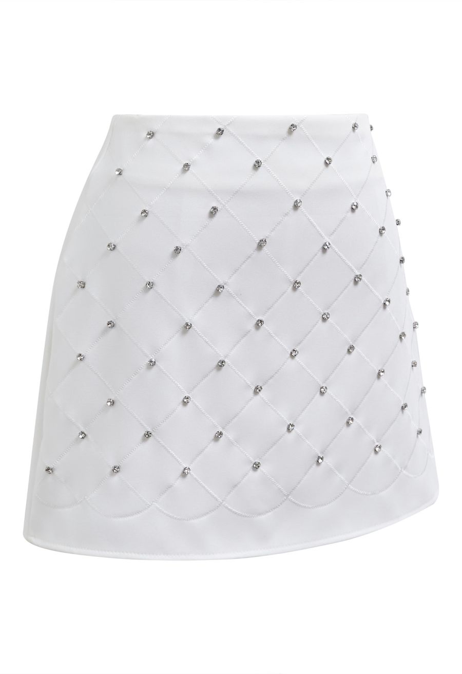 Rhinestone Decor Grid Mini Bud Skirt in White