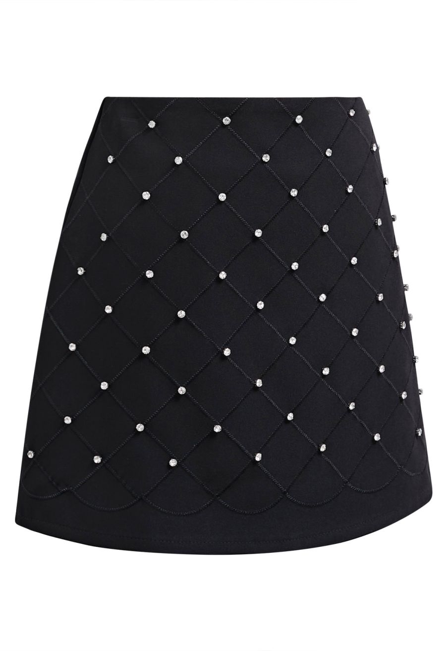 Rhinestone Decor Grid Mini Bud Skirt in Black