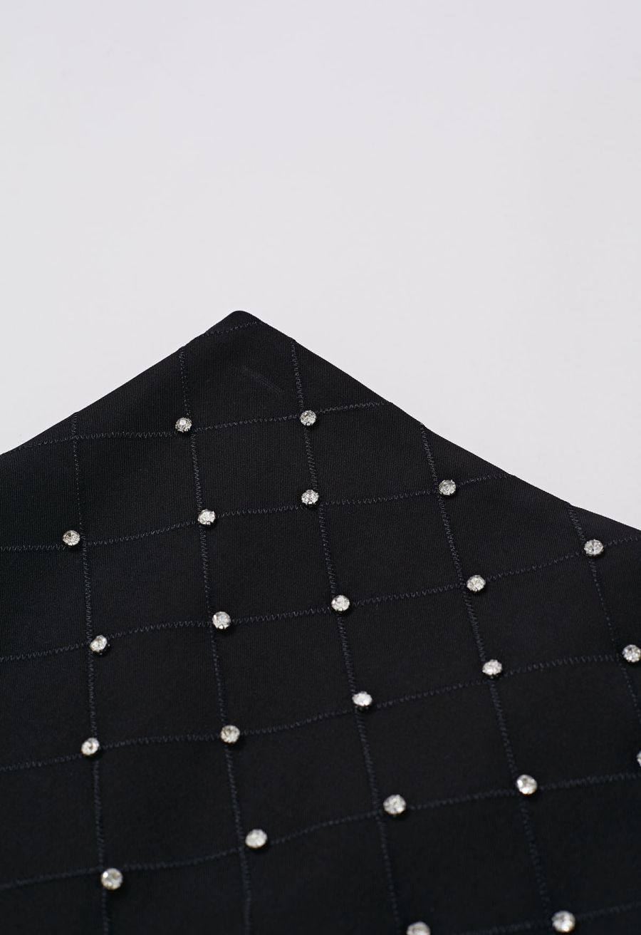 Rhinestone Decor Grid Mini Bud Skirt in Black