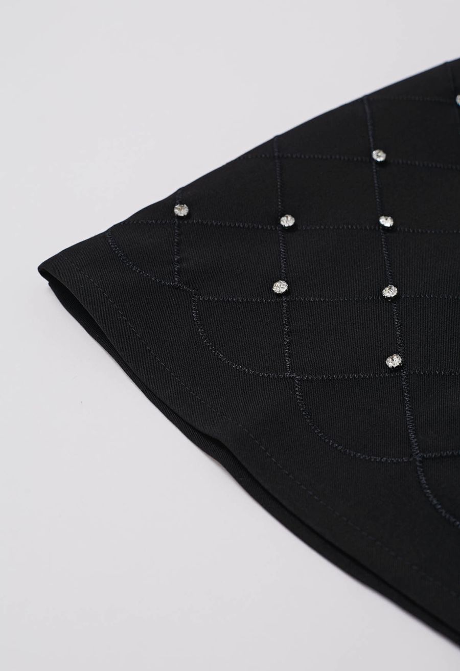 Rhinestone Decor Grid Mini Bud Skirt in Black