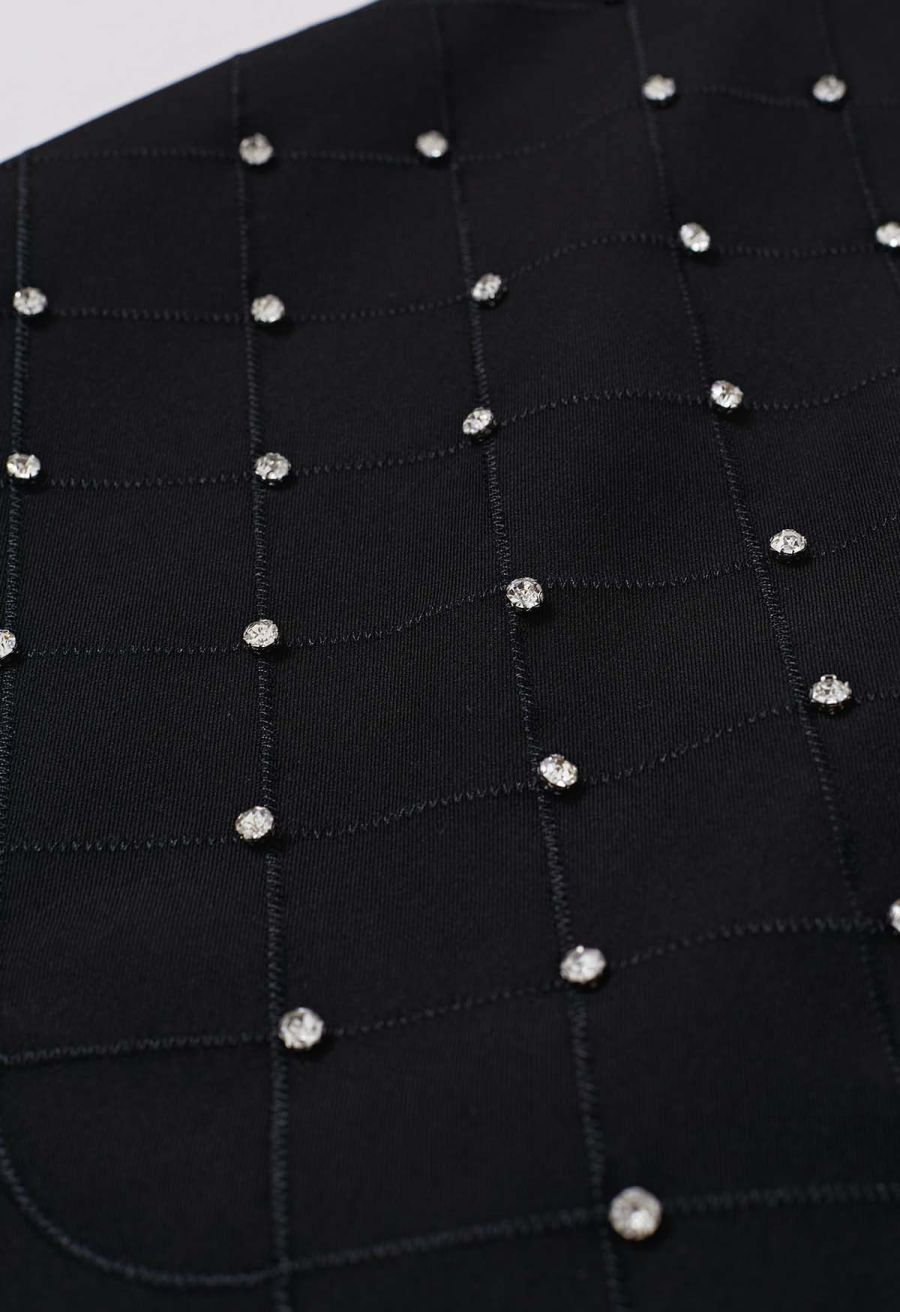 Rhinestone Decor Grid Mini Bud Skirt in Black