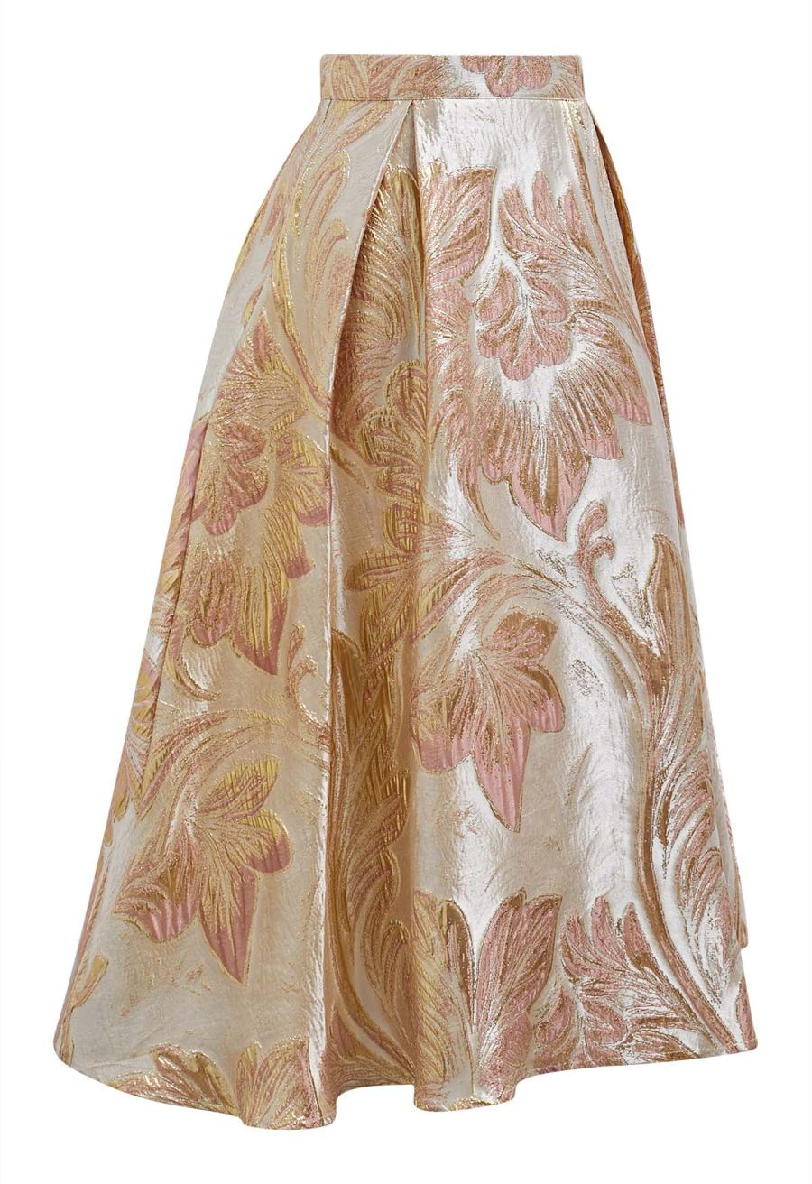 Metallic Leaves Jacquard Embossed A-Line Midi Skirt