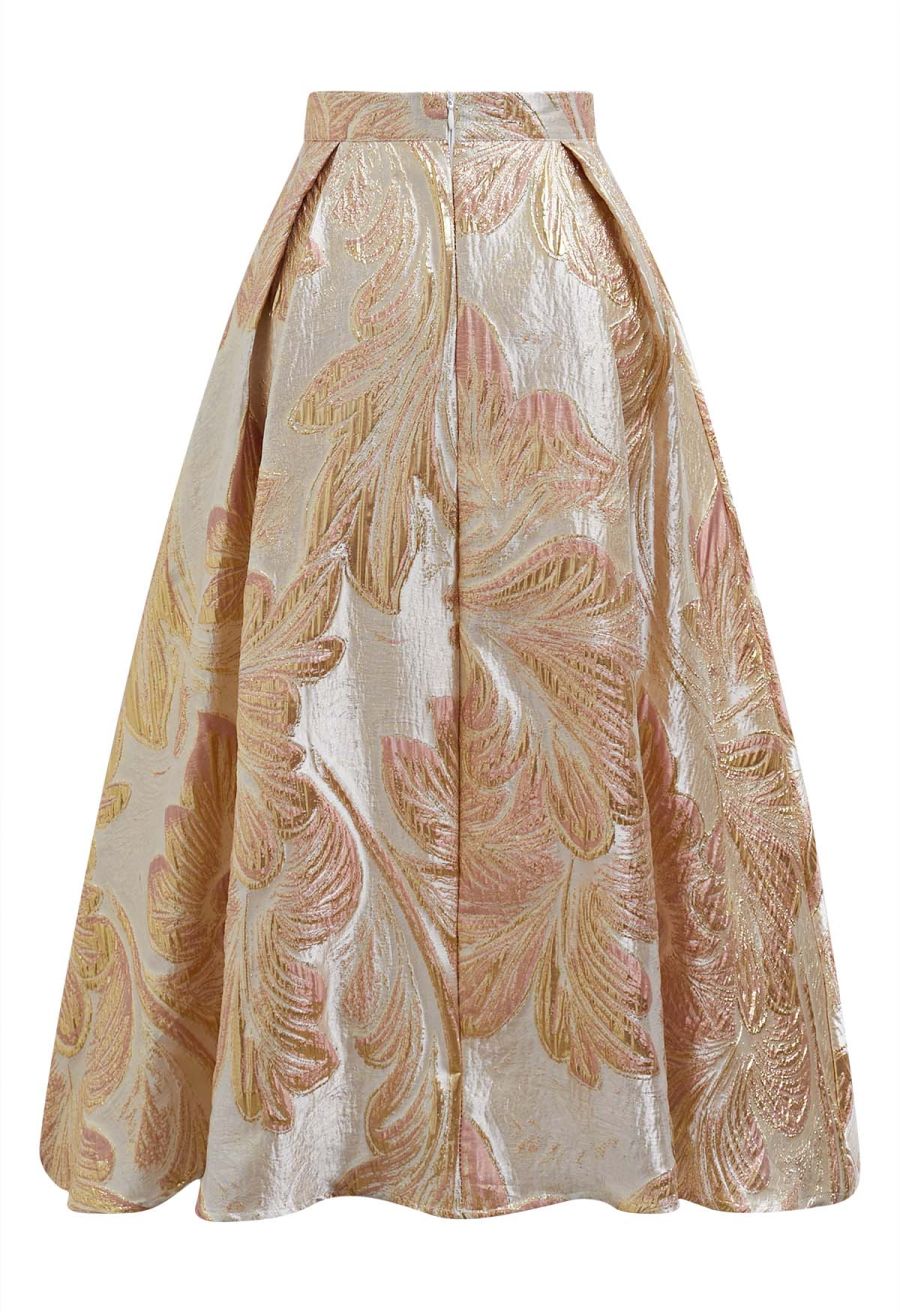 Metallic Leaves Jacquard Embossed A-Line Midi Skirt