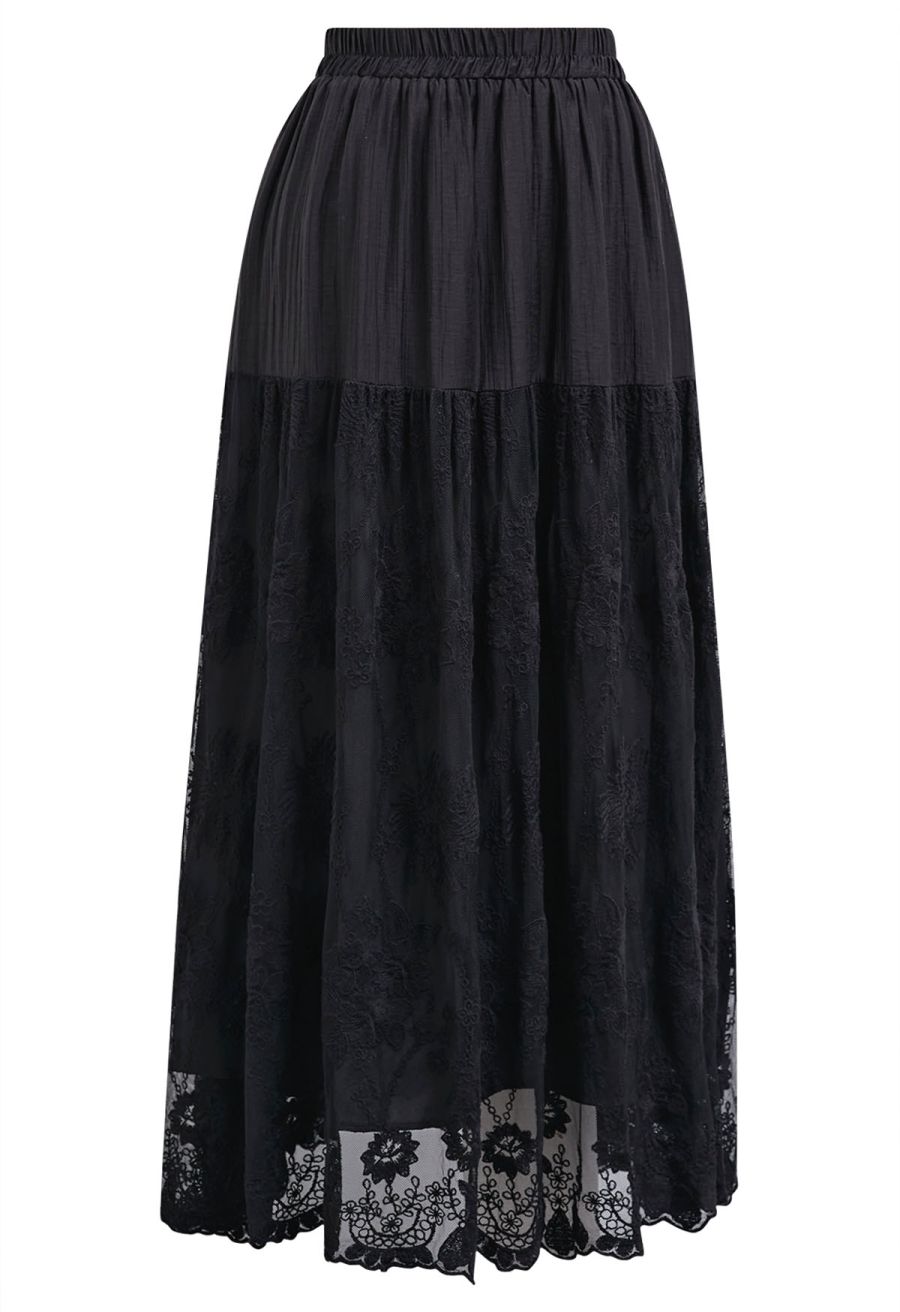 Floral Lace Spliced Elastic Waist Midi Skirt in Black