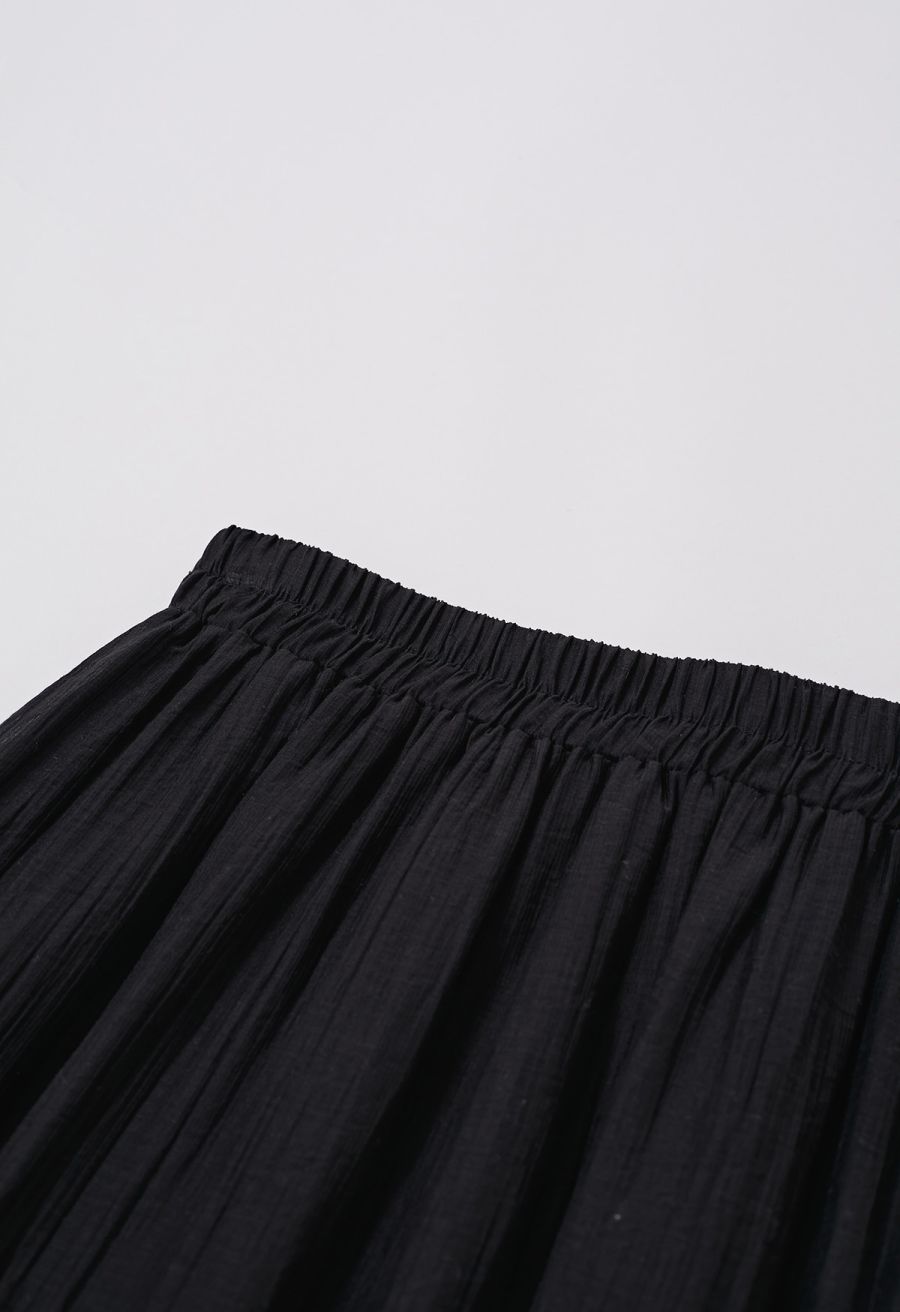 Floral Lace Spliced Elastic Waist Midi Skirt in Black